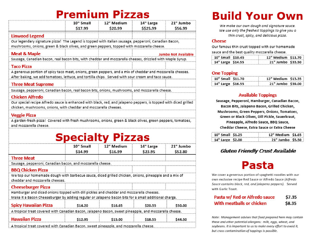 Linwood Pizza, Wyoming, Minnesota, Pizza & Pasta